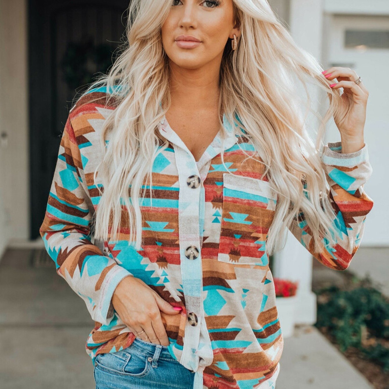 Multicolor Aztec Print Buttoned Pocket Chest Long Sleeve T-shirt