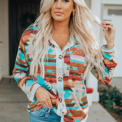 Multicolor Aztec Print Buttoned Pocket Chest Long Sleeve T-shirt