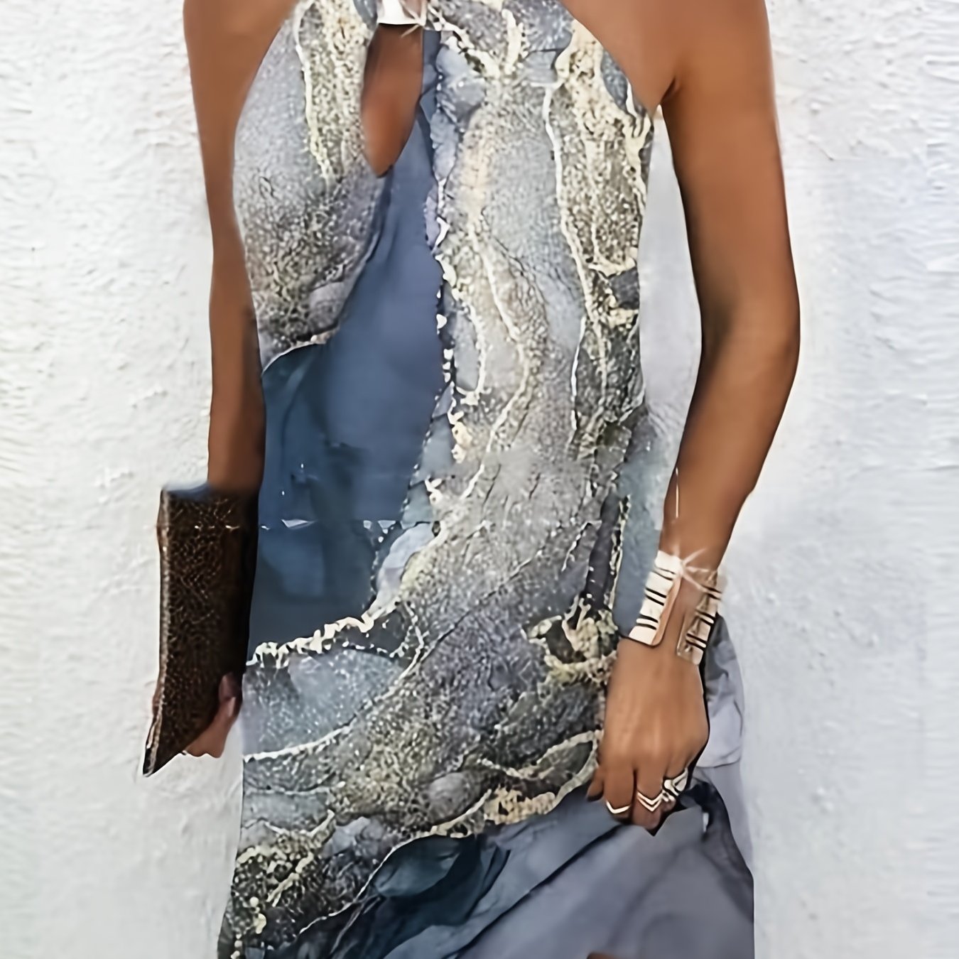 Gold Marble Print Ocean Wave Halter Neck Elegant Beach Sleeveless Loose Vacation Dress