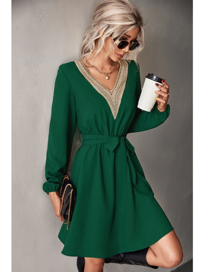 Elegant V-neck Casual Loose Solid Lace Long Sleeve Fashion Waist Belt Dresses