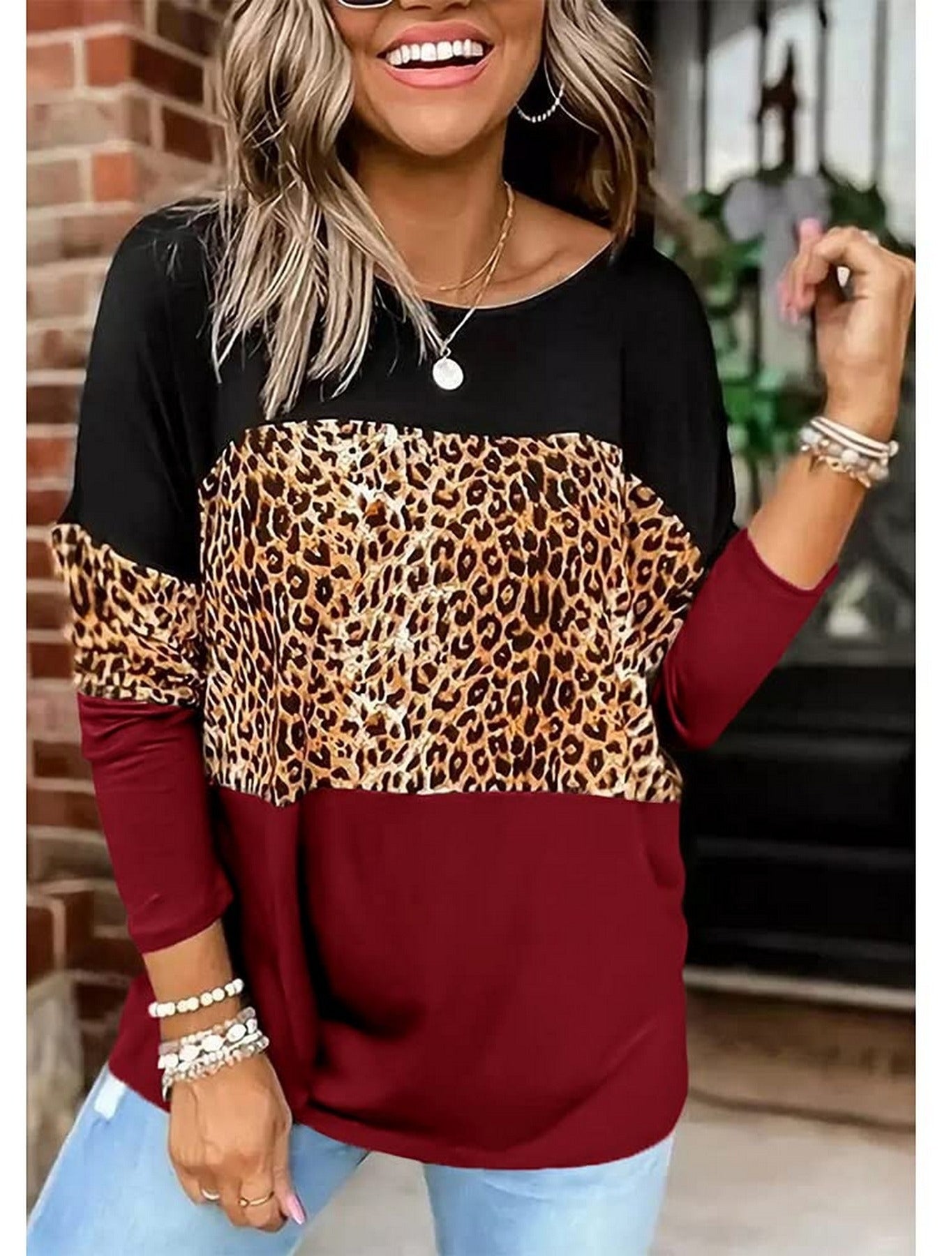 Casual Loose Leopard Round Neck Long Sleeve Color Block T-Shirt