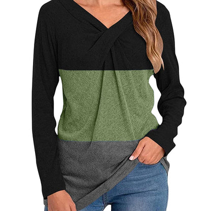 Color Block Long Sleeve Twist Neck T-shirts