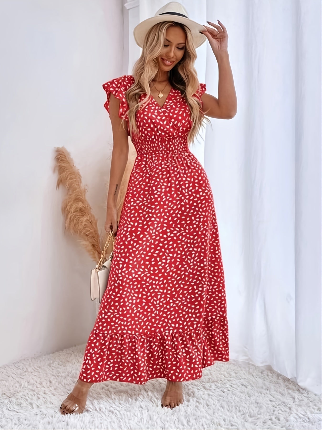 Elegant Shirred Ruffle A-Line Maxi Dress with Printed Cap Sleeves and Wrap V-Neck Waist - Women's Summer Long Dress