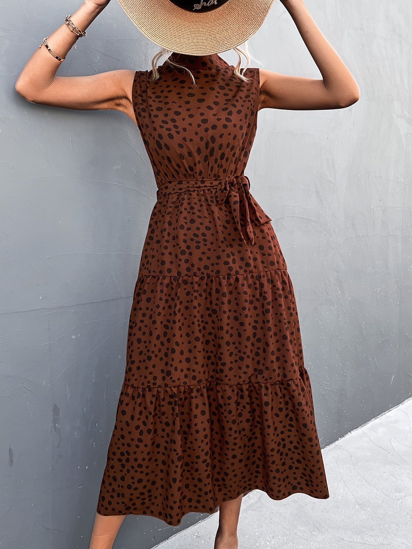 Elegant Lace Up Midi Dress Dot Tie Print Sleeveless High Neck Belt Waist Summer Maxi Dresses