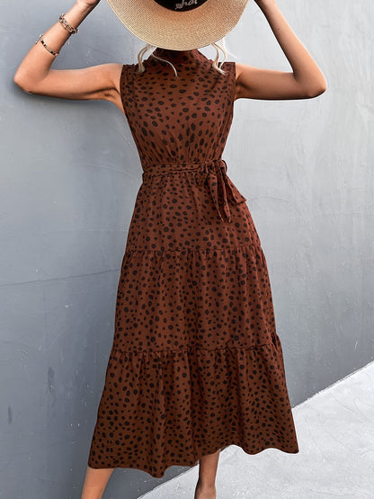 Elegant Lace Up Midi Dress Dot Tie Print Sleeveless High Neck Belt Waist Summer Maxi Dresses