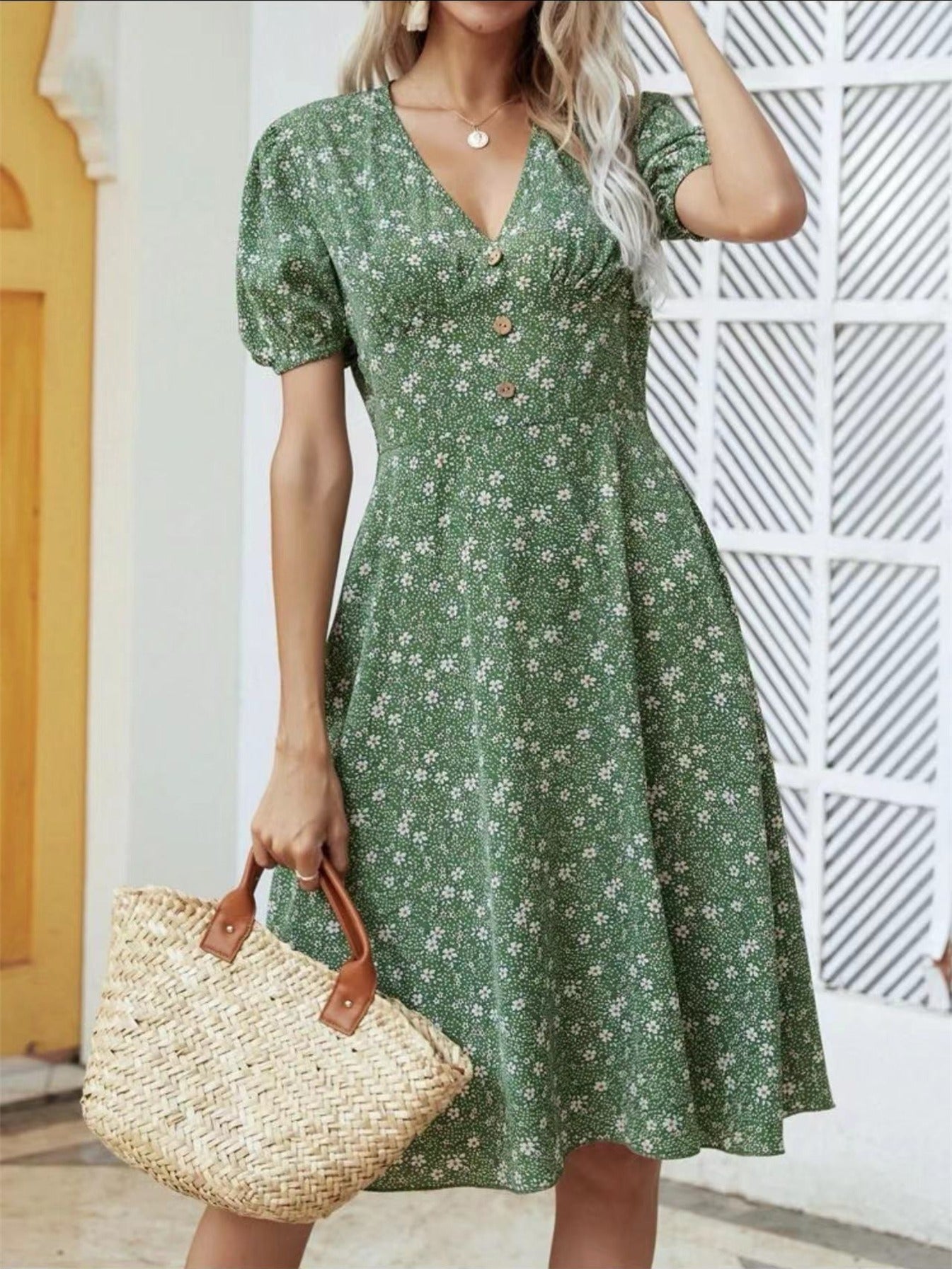 Women's Short Puff Sleeve V Neck Dress Button Front Floral A Line Midi Dresses