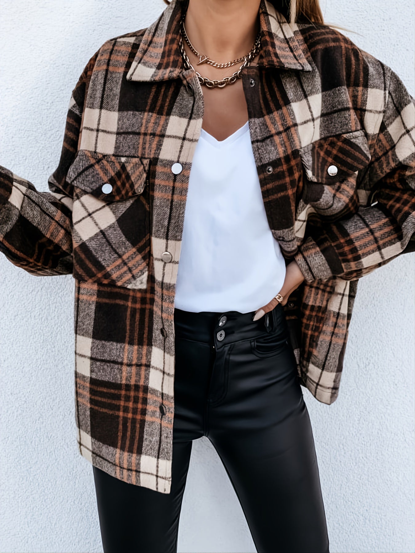 Brown Plaid Shirt Long Sleeve Loose Casual Plaid Jacket