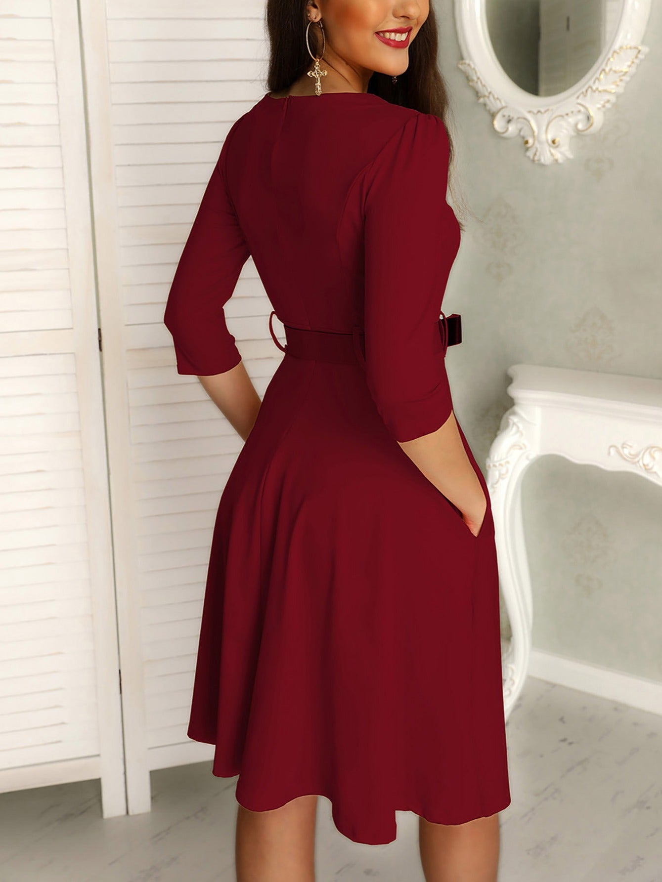 Women's Dresses Solid Crew Neck Zipper Dresses