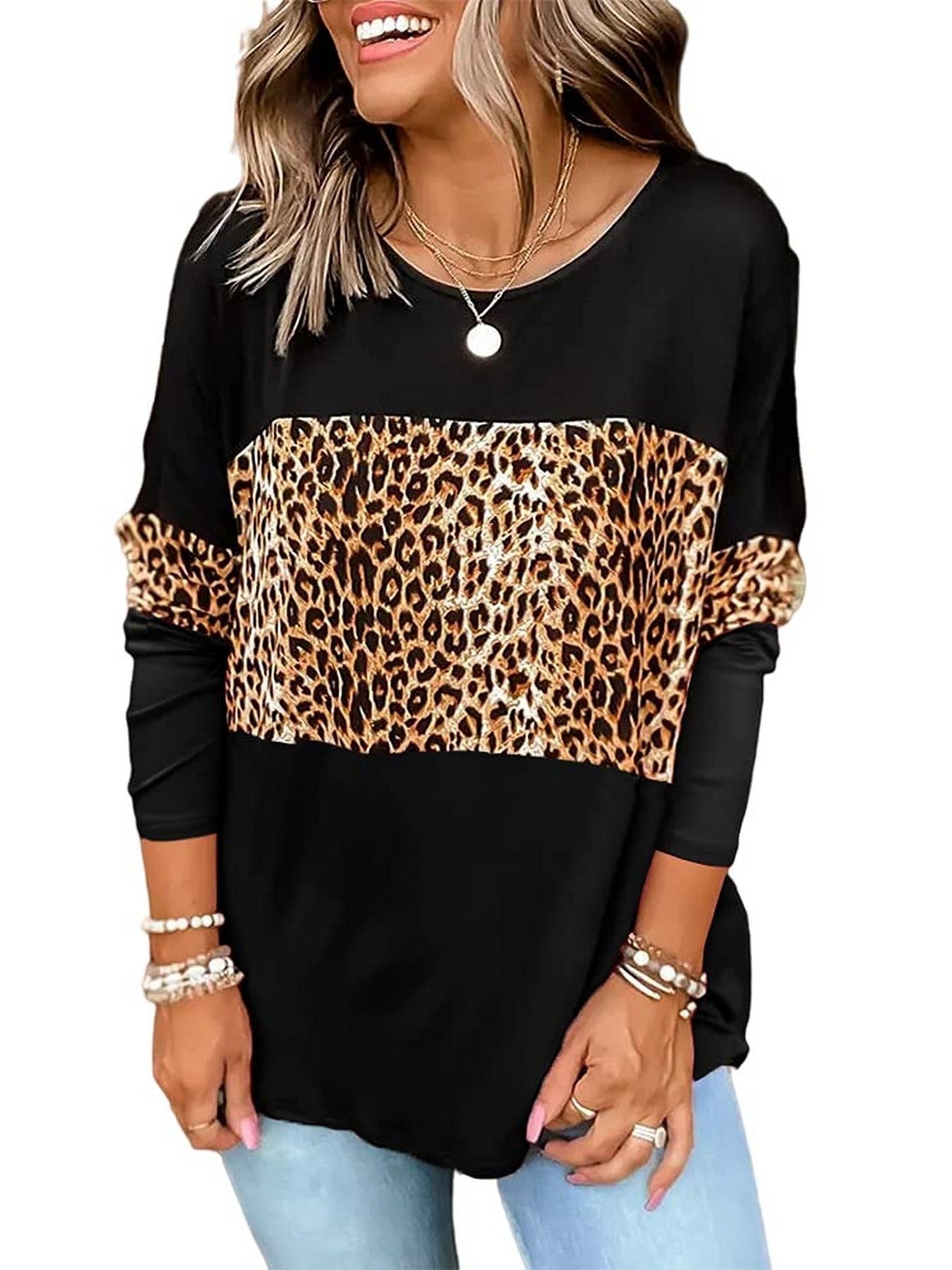 Casual Loose Leopard Round Neck Long Sleeve Color Block T-Shirt