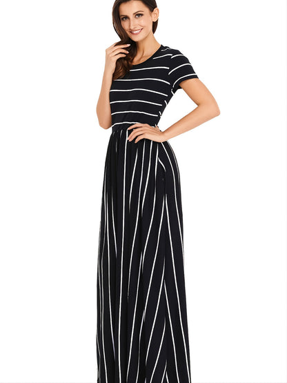 Blue Striped White Short Sleeve Maxi Dress