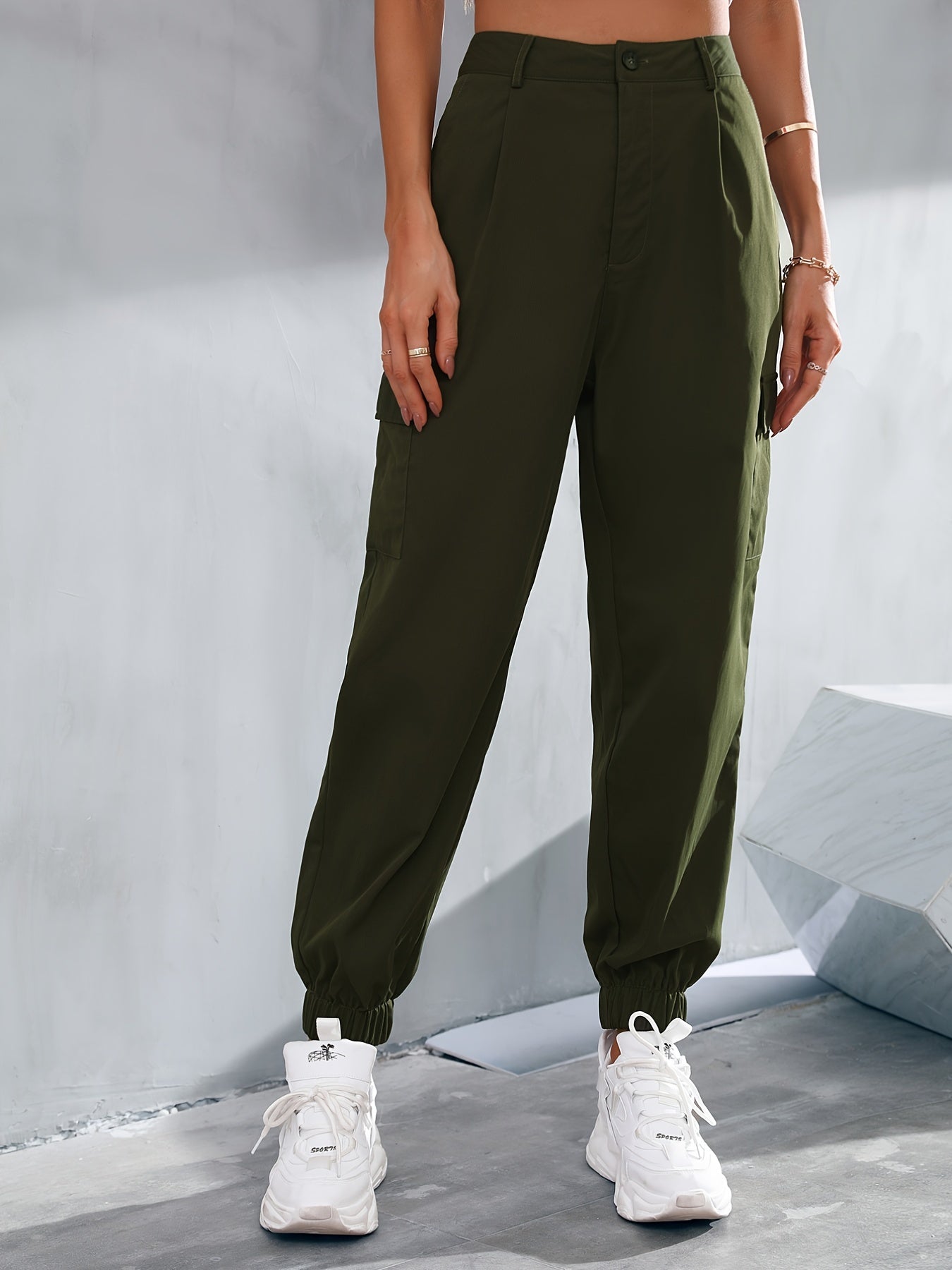 Khaki Long Slant Pockets Belted Pants