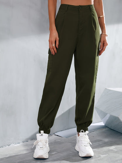Khaki Long Slant Pockets Belted Pants