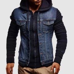Men's Stylish Casual Knit Panel Hooded Denim Jacket