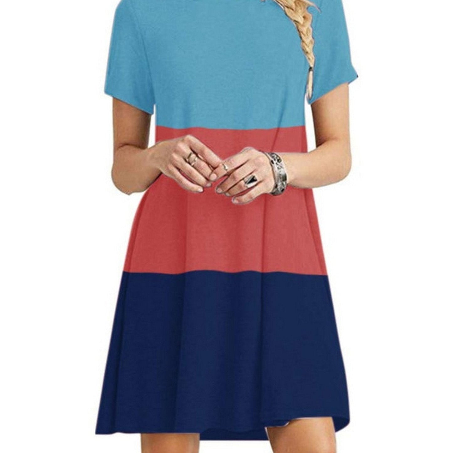 Women's Short Sleeve Crew Neck Swing Dress Color Block Summer Loose Casual A-line T-Shirt Dress