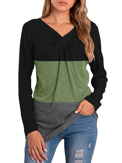 Color Block Long Sleeve Twist Neck T-shirts