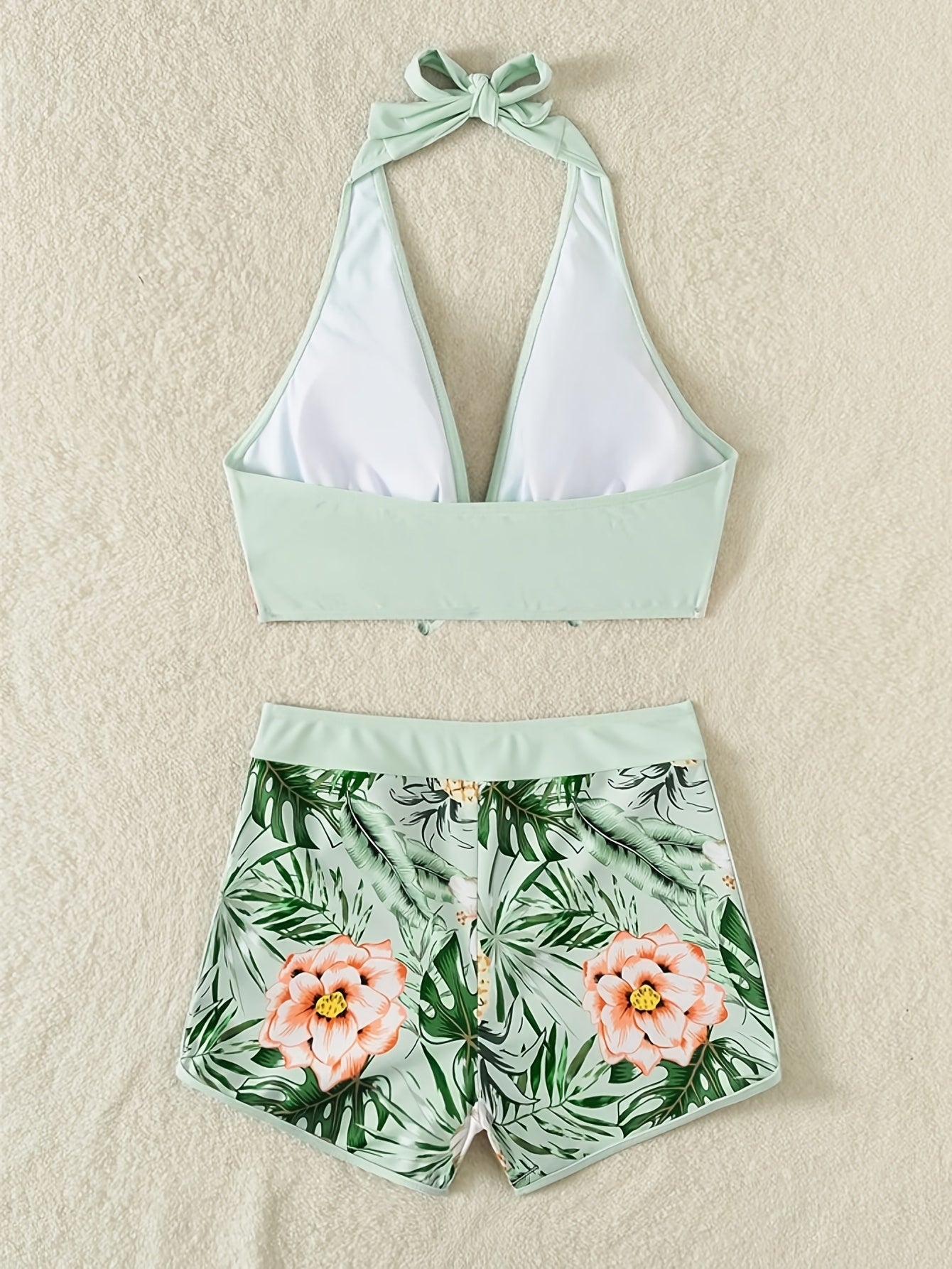 Floral Print Deep V Shape Halter Bikini Boxer Swimsuit