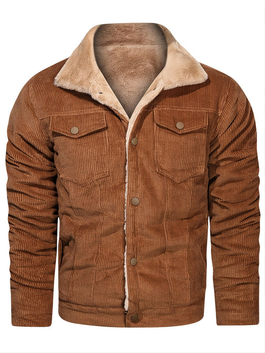 Men's Casual Corduroy Plush Turn-Down Collar Long Sleeve Zipper Pocket Fashion Jacket