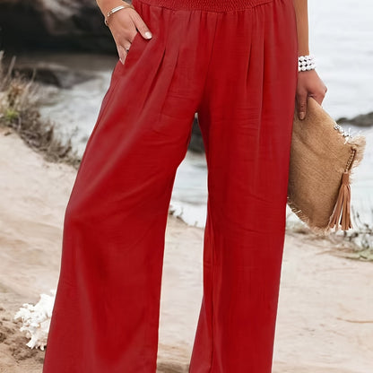 Women's Solid Wide Leg Elastic High Waist Vacation Casual Every Day Pants