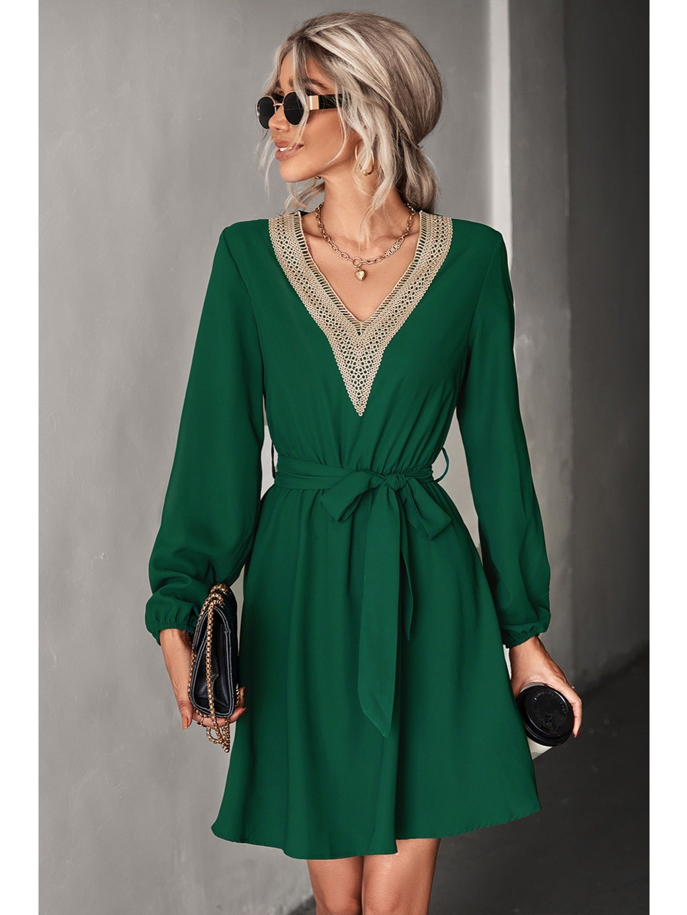 Elegant V-neck Casual Loose Solid Lace Long Sleeve Fashion Waist Belt Dresses