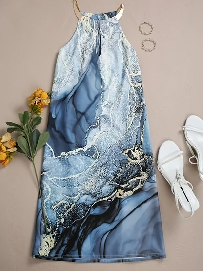 Gold Marble Print Ocean Wave Halter Neck Elegant Beach Sleeveless Loose Vacation Dress