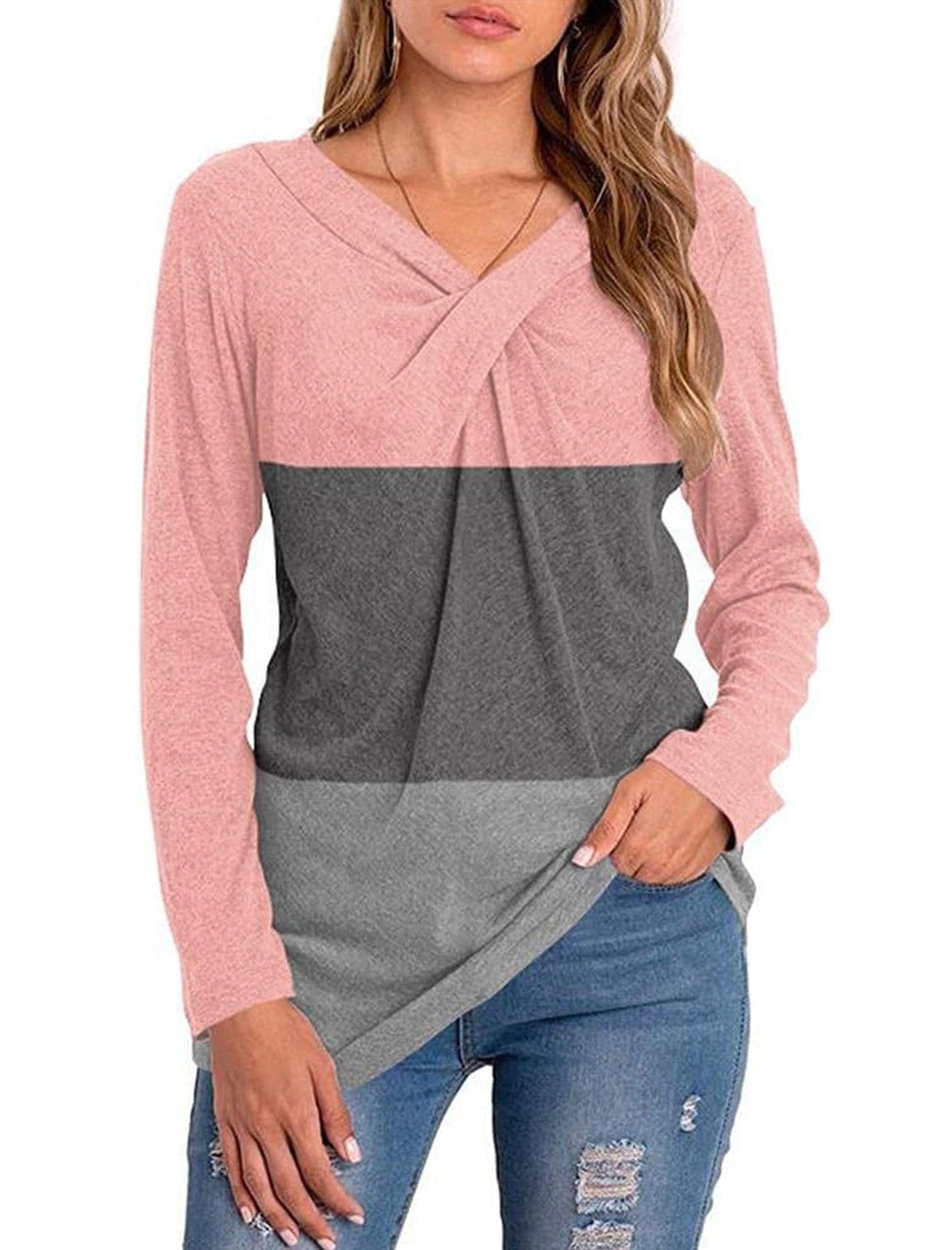 Color Block Long Sleeve Twist Neck T-shirts
