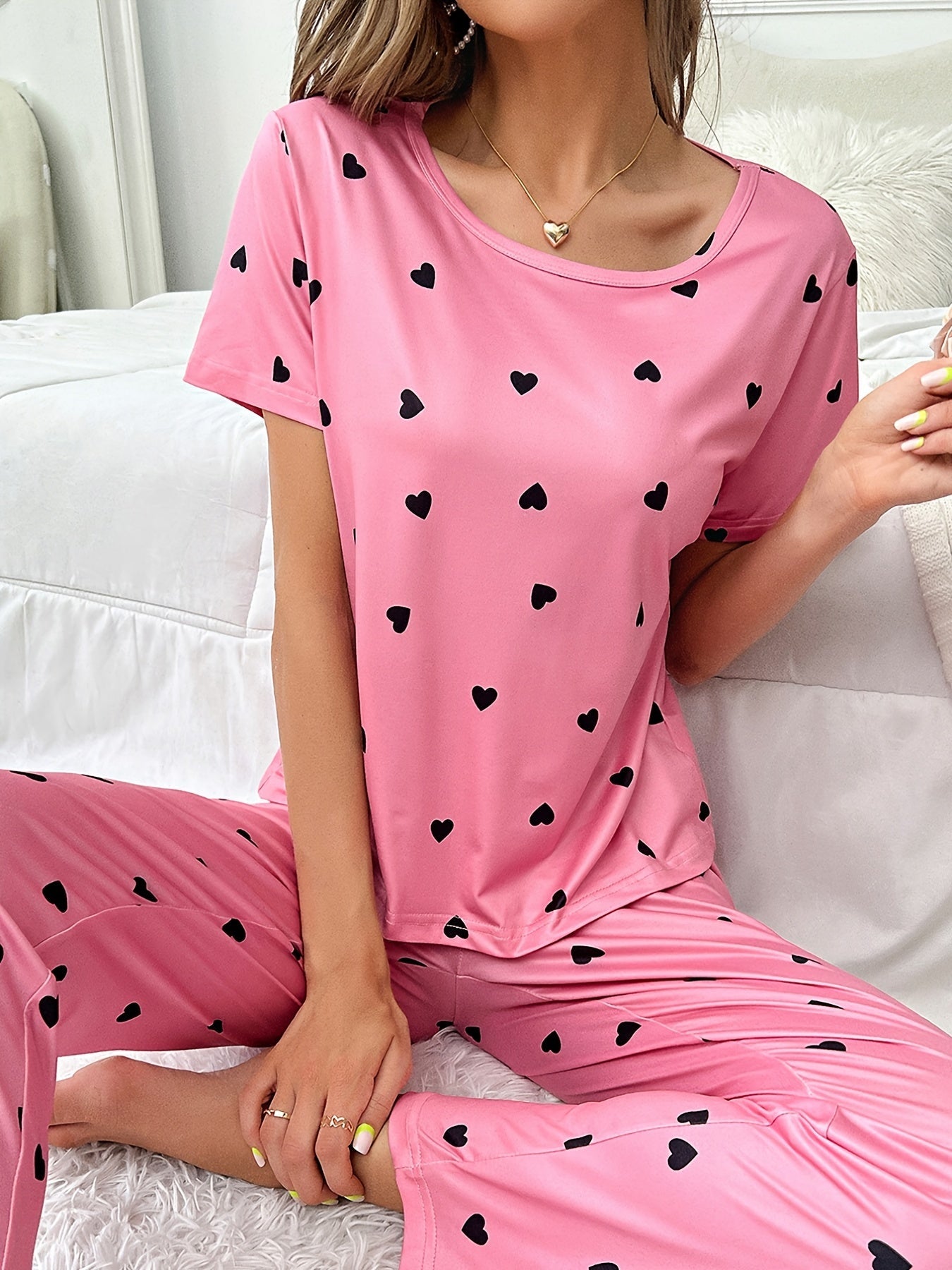 Casual Heart Print Pajamas Short Sleeve Pajama Top Pajama Pants