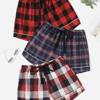3 Packs Plaid Tie Front Sleep Shorts Elastic Waist Pajama Bottoms Shorts Sleepwear Red Blue Plaid