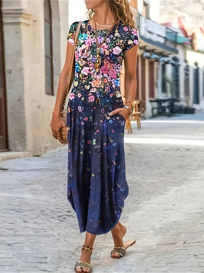 Casual Short Sleeve Crew Neck Floral Print Pocket Dress