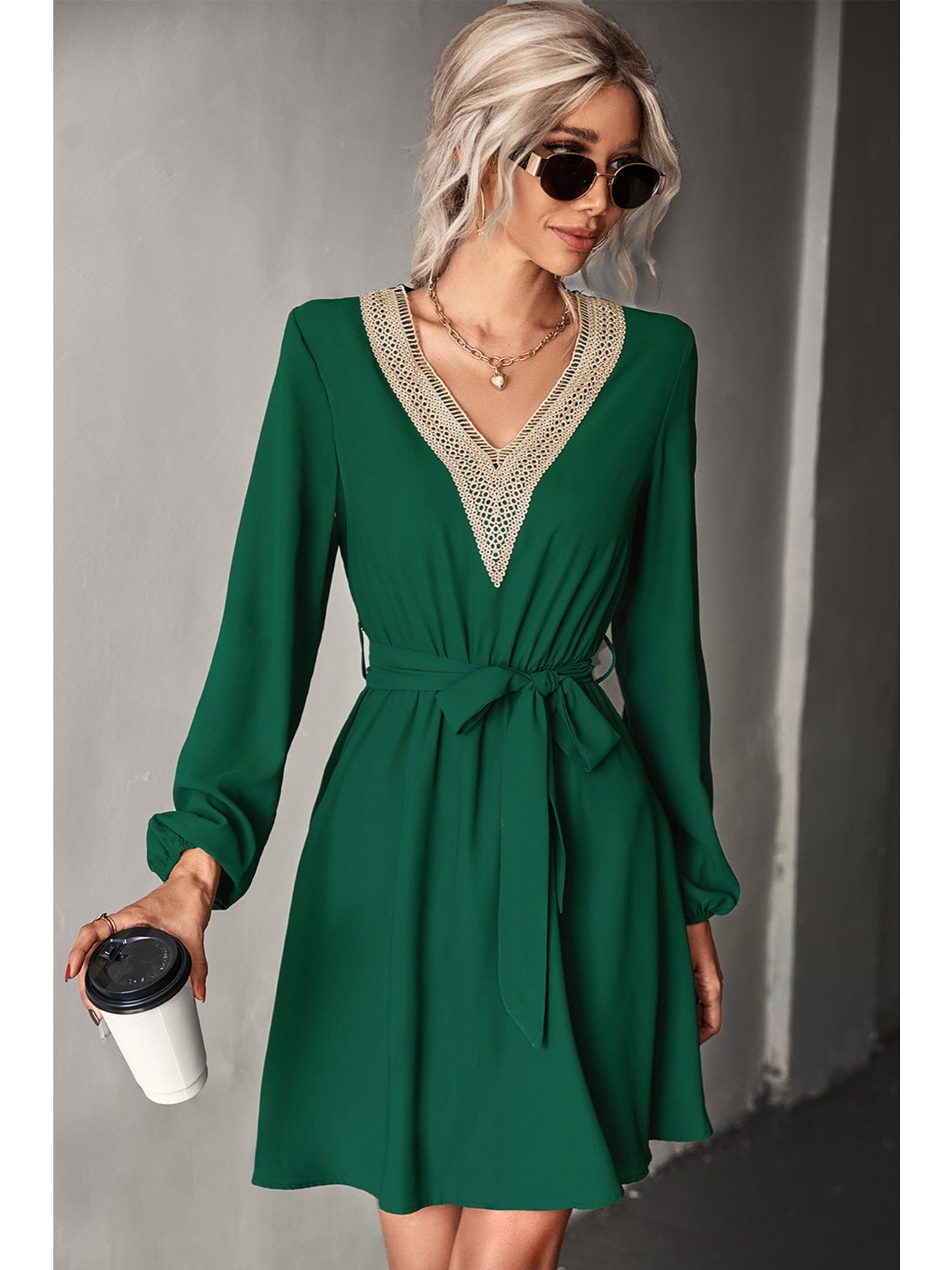 Elegant V-neck Casual Loose Solid Lace Long Sleeve Fashion Waist Belt Dresses