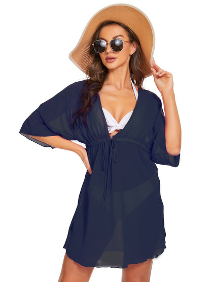 Sheer Drawstring Low Bust Cover Up Shirt Thigh Length Mid Sleeves Loose Fit Beachwear Cover Up Dress