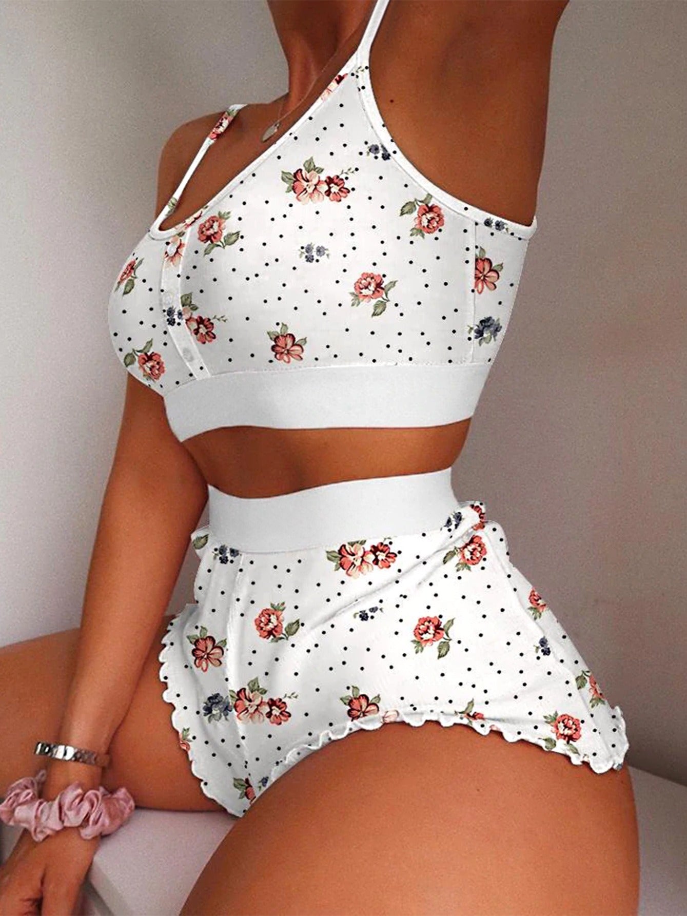 Women's Sleepwear Two-piece Cami Top Shorts Lettuce Trim Pajama Set