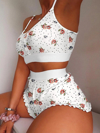 Women's Sleepwear Two-piece Cami Top Shorts Lettuce Trim Pajama Set