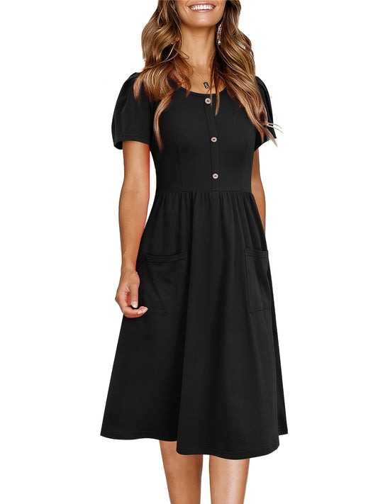 Solid Crew Neck Short Sleeve Fake Buttons Casual High Waist Ruffled Hem Midi Dress