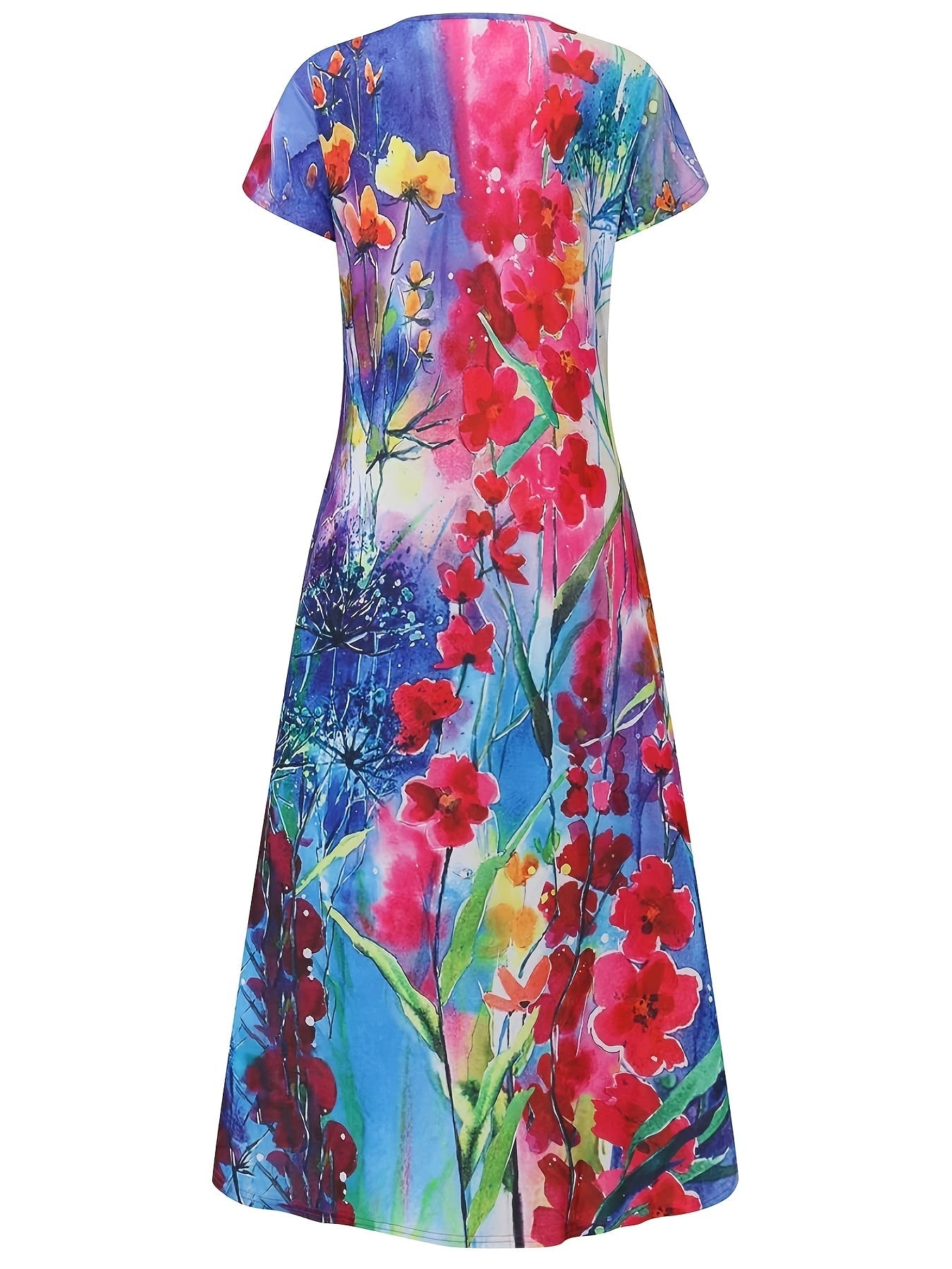 Casual Short Sleeve Crew Neck Floral Print Pocket Dress