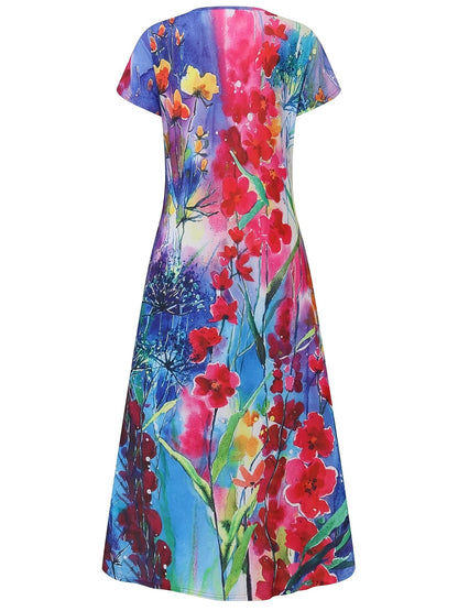 Casual Short Sleeve Crew Neck Floral Print Pocket Dress