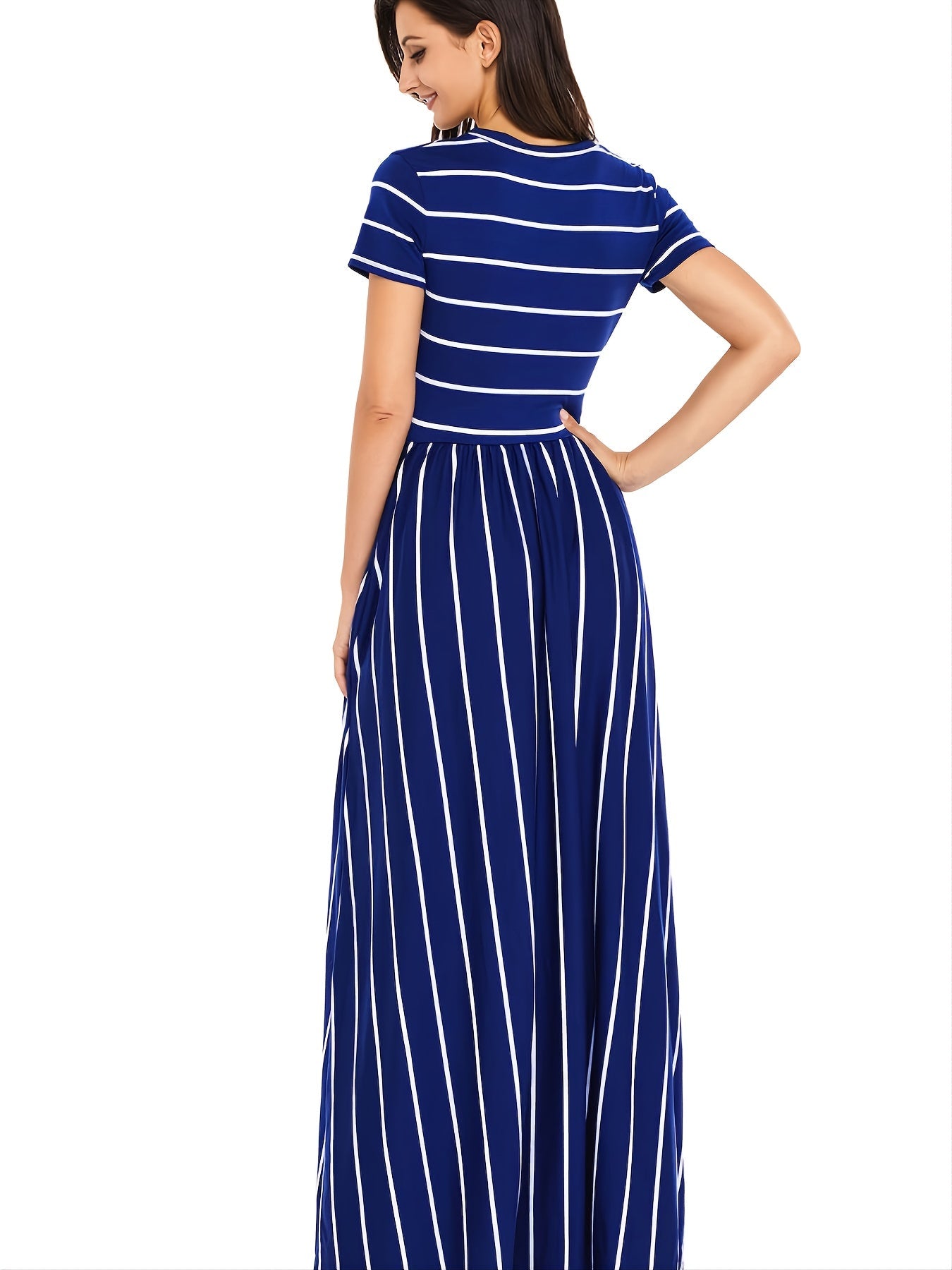 Blue Striped White Short Sleeve Maxi Dress
