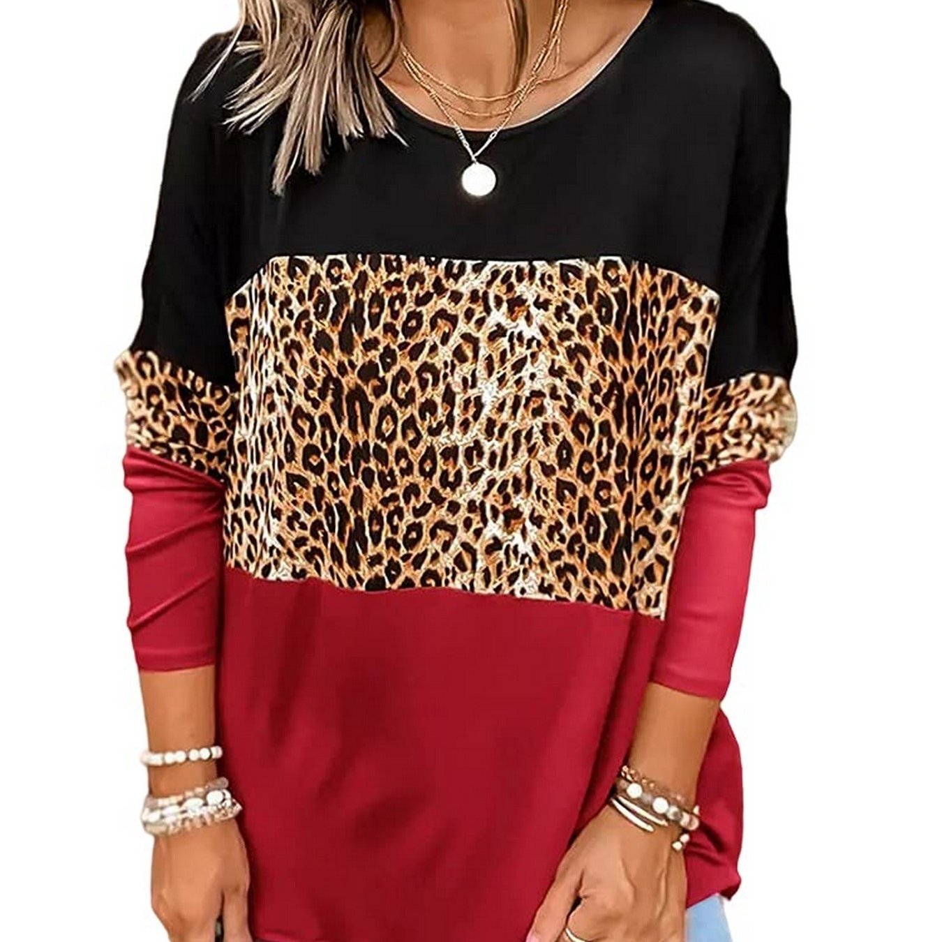Casual Loose Leopard Round Neck Long Sleeve Color Block T-Shirt