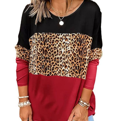 Casual Loose Leopard Round Neck Long Sleeve Color Block T-Shirt