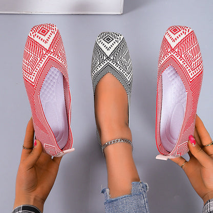 Flying Woven Geometric Pattern Slip-on Flat Ultra Light Breathable Soft Sole Ballet Shoes