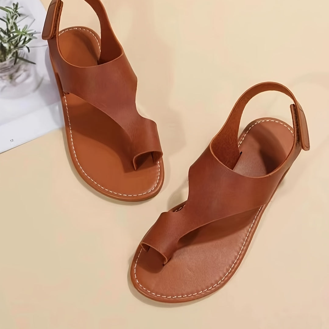 Women's Toe-Loop Flat Casual Faux Leather Solid Color Slides Sandals