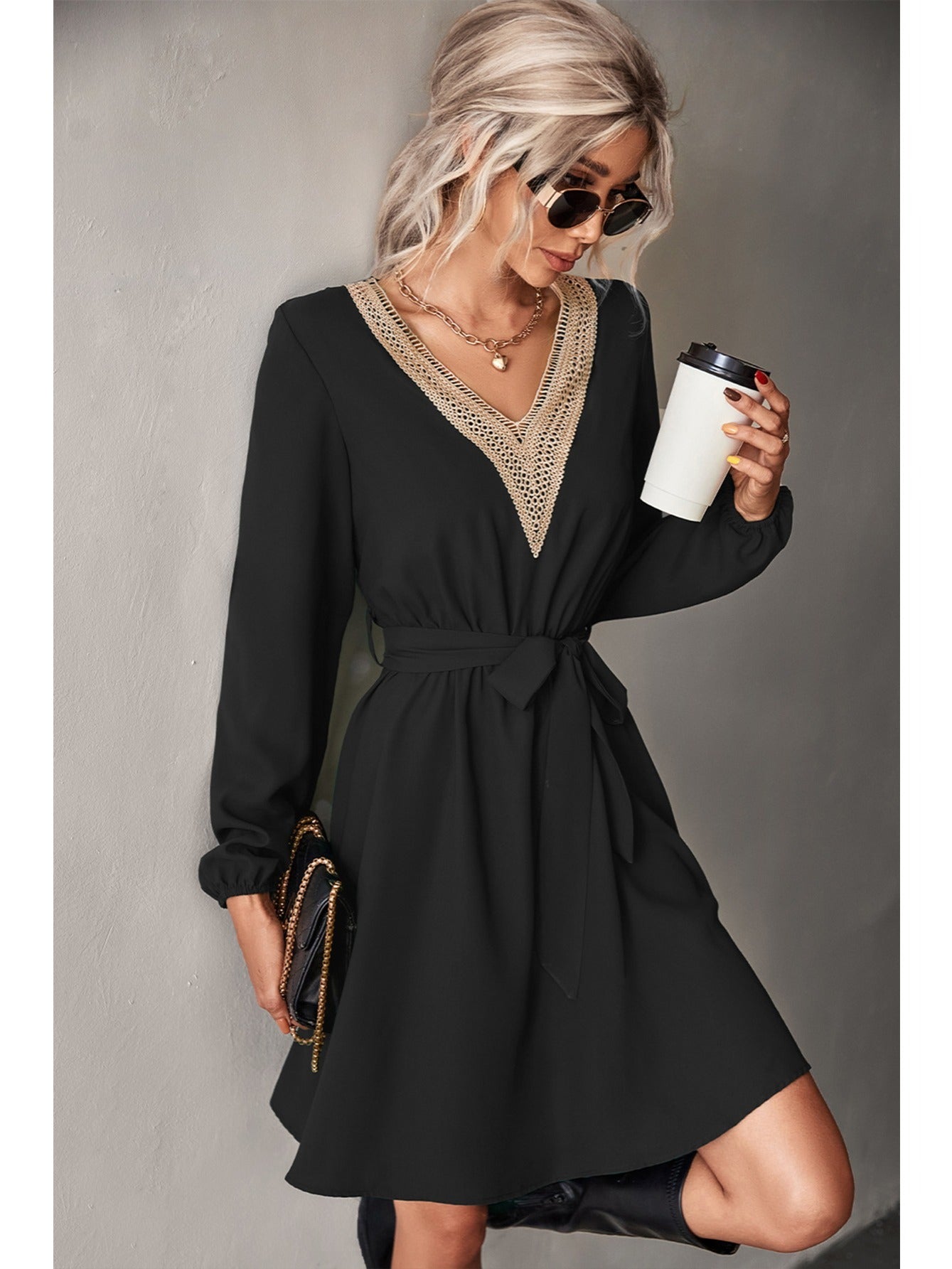Elegant V-neck Casual Loose Solid Lace Long Sleeve Fashion Waist Belt Dresses