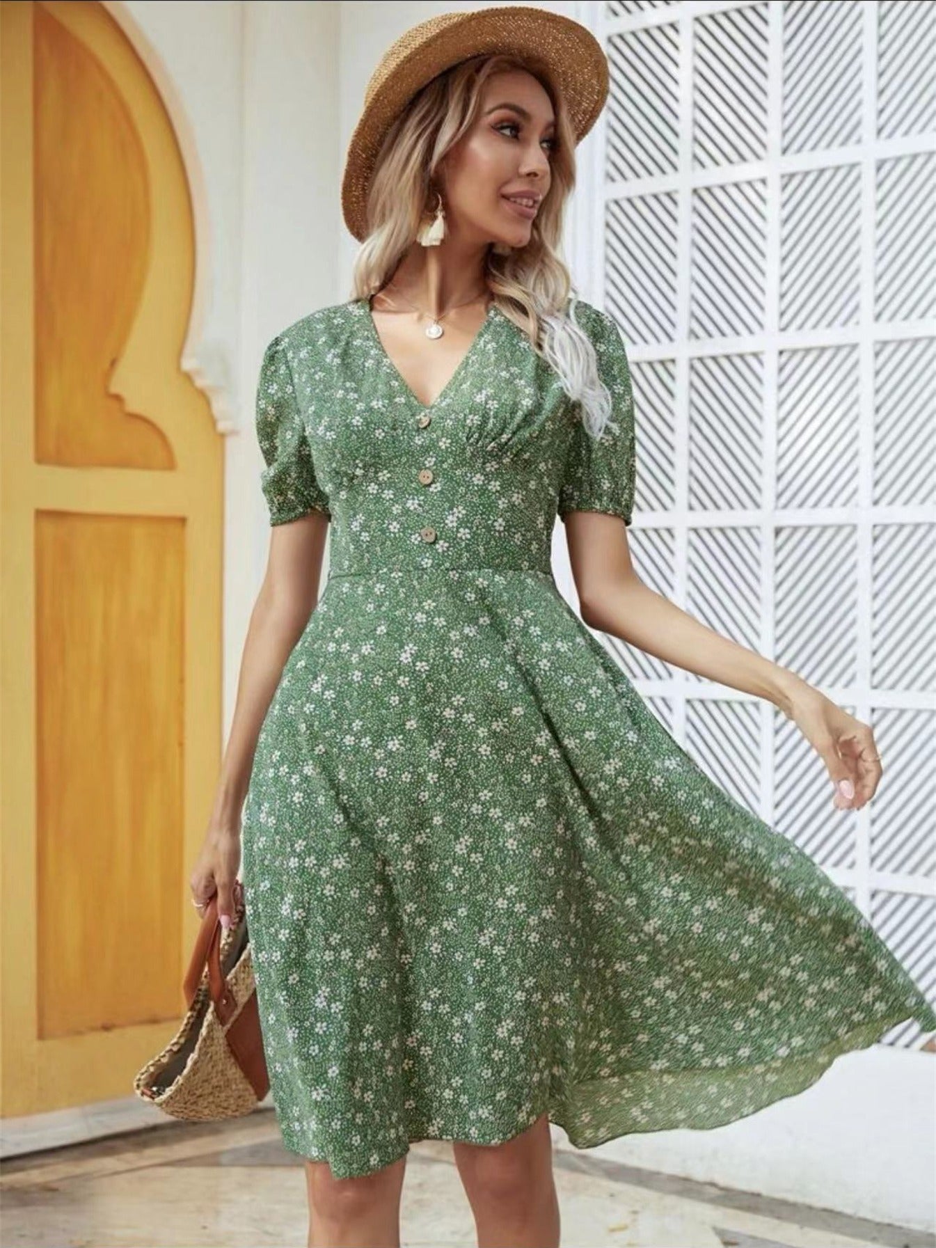 Women's Short Puff Sleeve V Neck Dress Button Front Floral A Line Midi Dresses