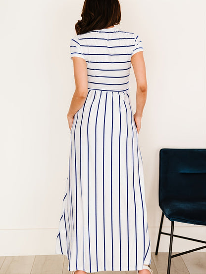 Blue Striped White Short Sleeve Maxi Dress