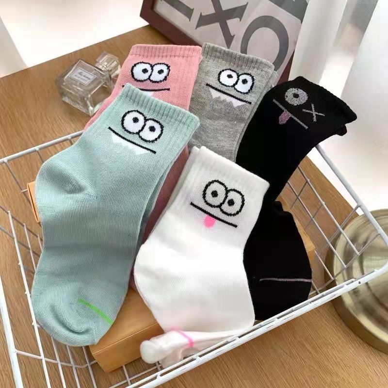 5 Pairs Cute Expression Print Comfy Funny All-match Mid Tube Socks