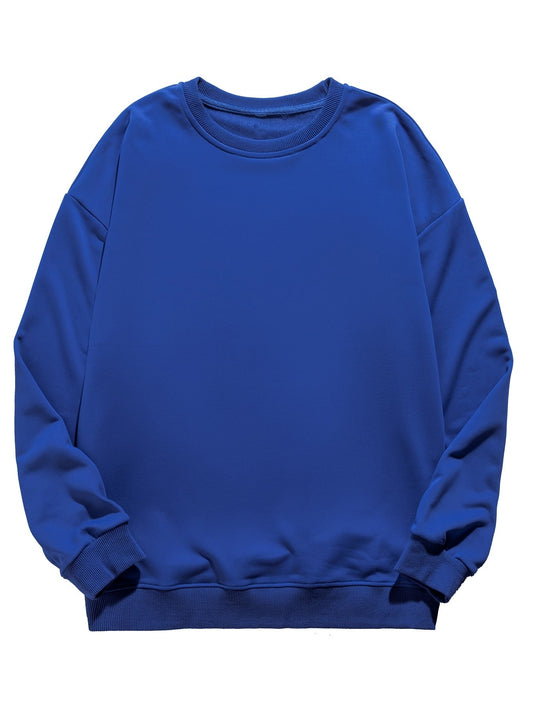 Men's Twill Drop Shoulder Blue Round Neck Pullover Sweatshirt