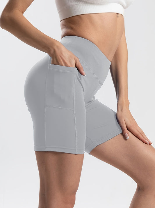 Solid Color Seamless Quick-drying High-Waisted Sports Yoga Biker Shorts With Phone Pocket