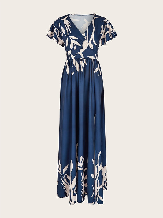 Sexy V Neck Split Long Print Short Sleeveless Waist Swing Long Dresses