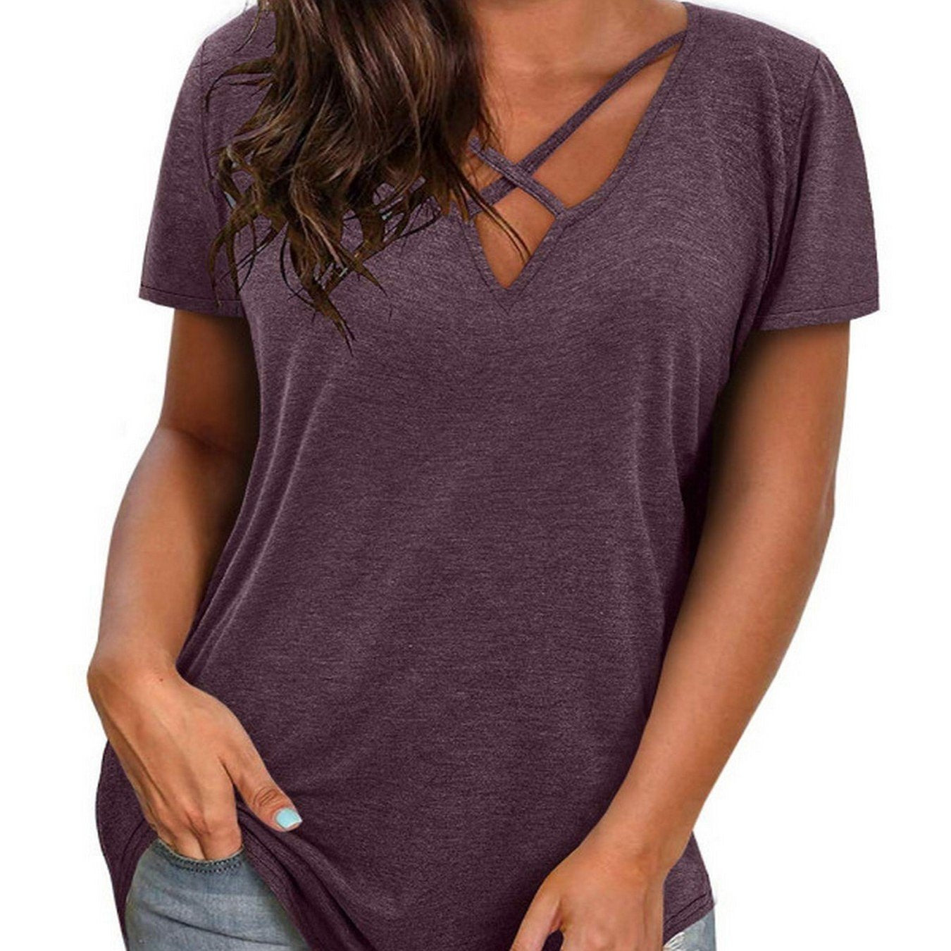 Short Sleeve V-Neck Top Summer Cross Casual Loose Cotton T-Shirt