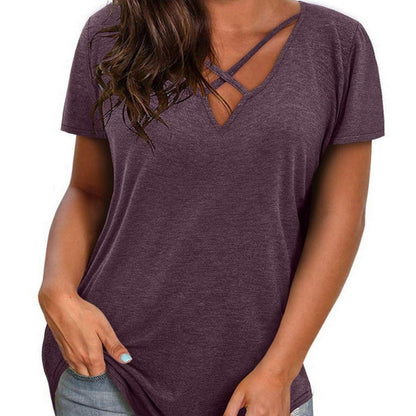 Short Sleeve V-Neck Top Summer Cross Casual Loose Cotton T-Shirt