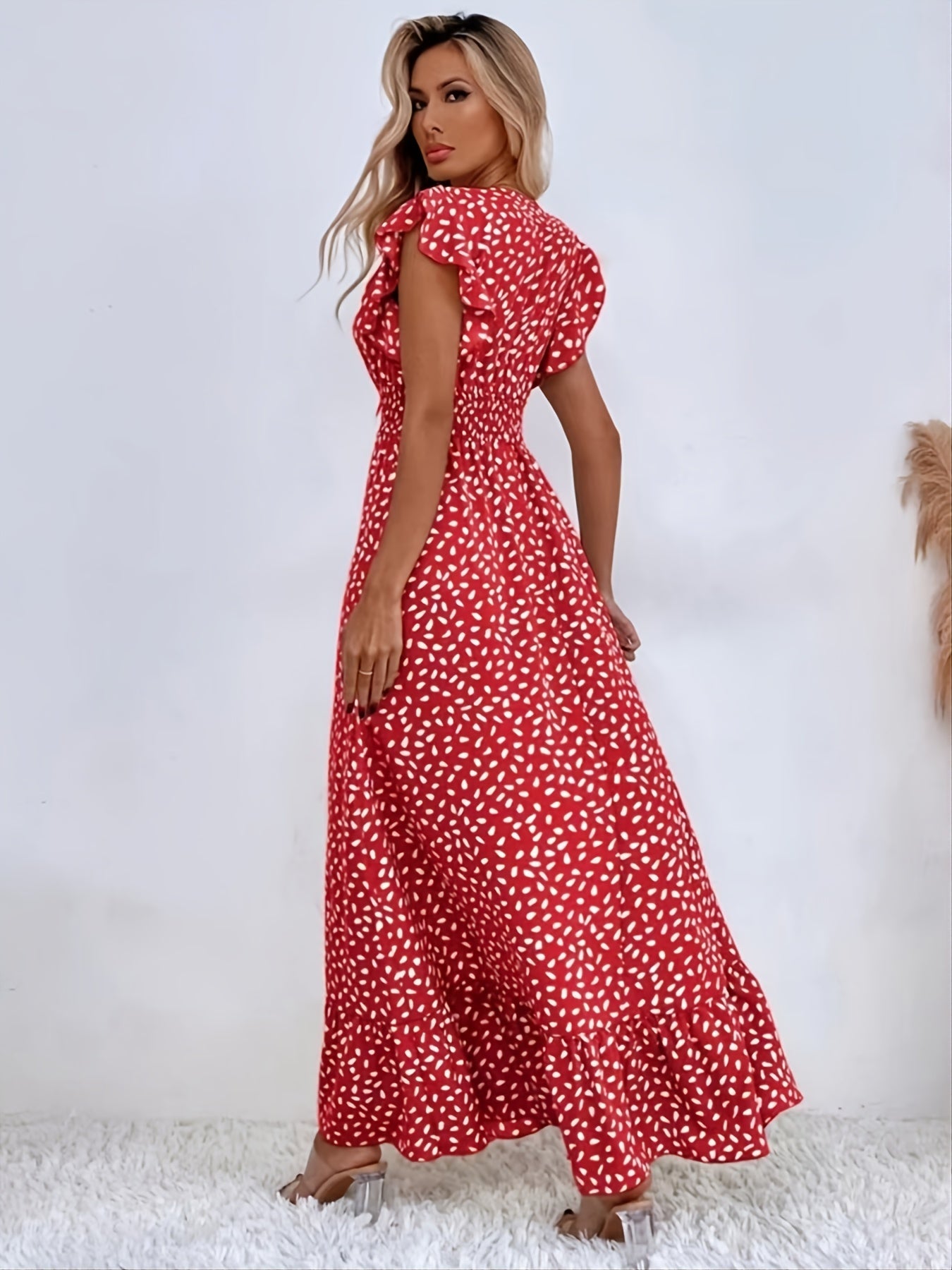 Elegant Shirred Ruffle A-Line Maxi Dress with Printed Cap Sleeves and Wrap V-Neck Waist - Women's Summer Long Dress